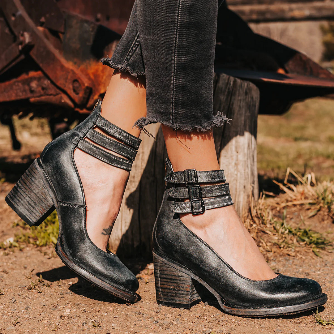 Heren Vintage Enkelbandschoenen met Blokhak - Elegante Sandaalhakken - Zwart