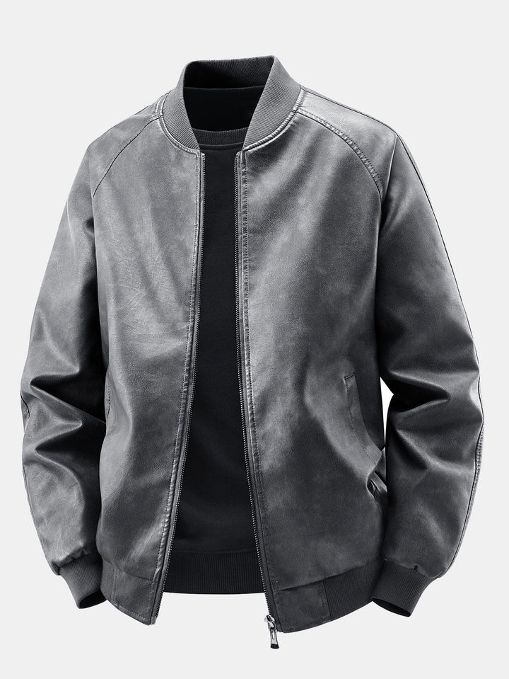 Heren Vintage Gewassen Kunstleren Bomberjack in donkergrijs, Relaxed Fit