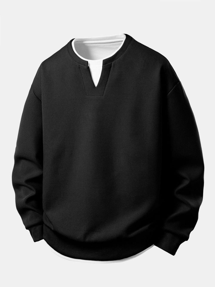 Heren Wafel Textuur Sweatshirt in zwart, Relaxed Fit Crew Neck