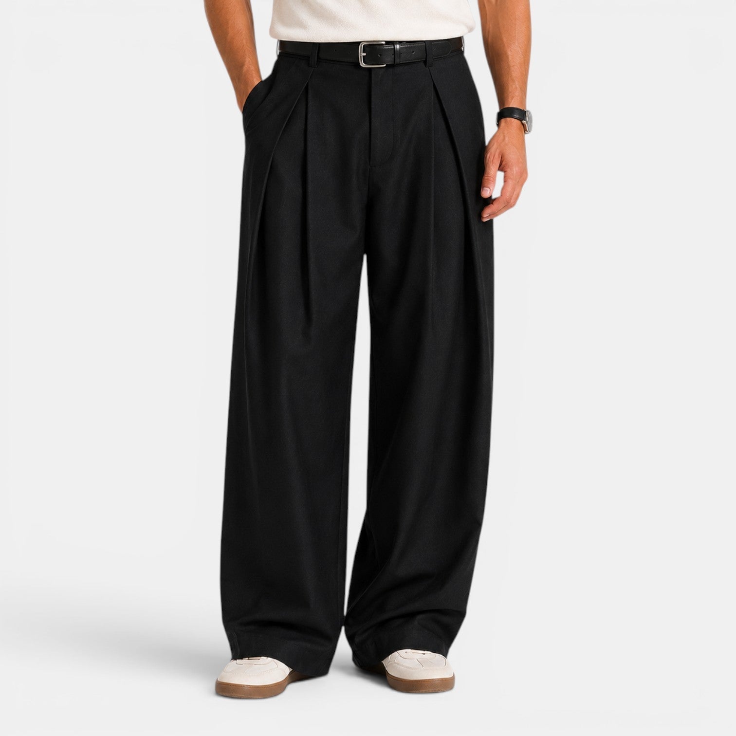 Heren Wijde Broek met Plooien - Ontspannen Tailored Fit - Zwart
